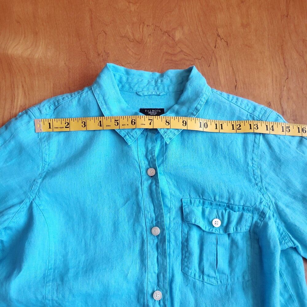 Talbots 100% Pure Irish Linen Top Petite Small Button Up 3/4 Sleeve Bright Blue - Picture 7 of 10